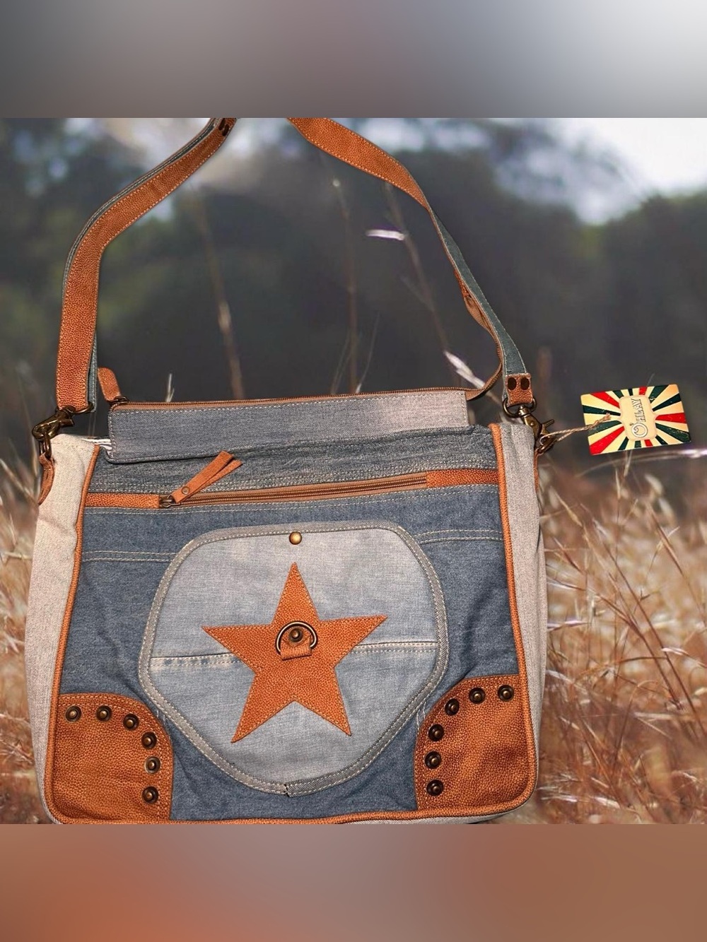 boho western denim star crossbody messenger bag NWT canvas vegan leather
